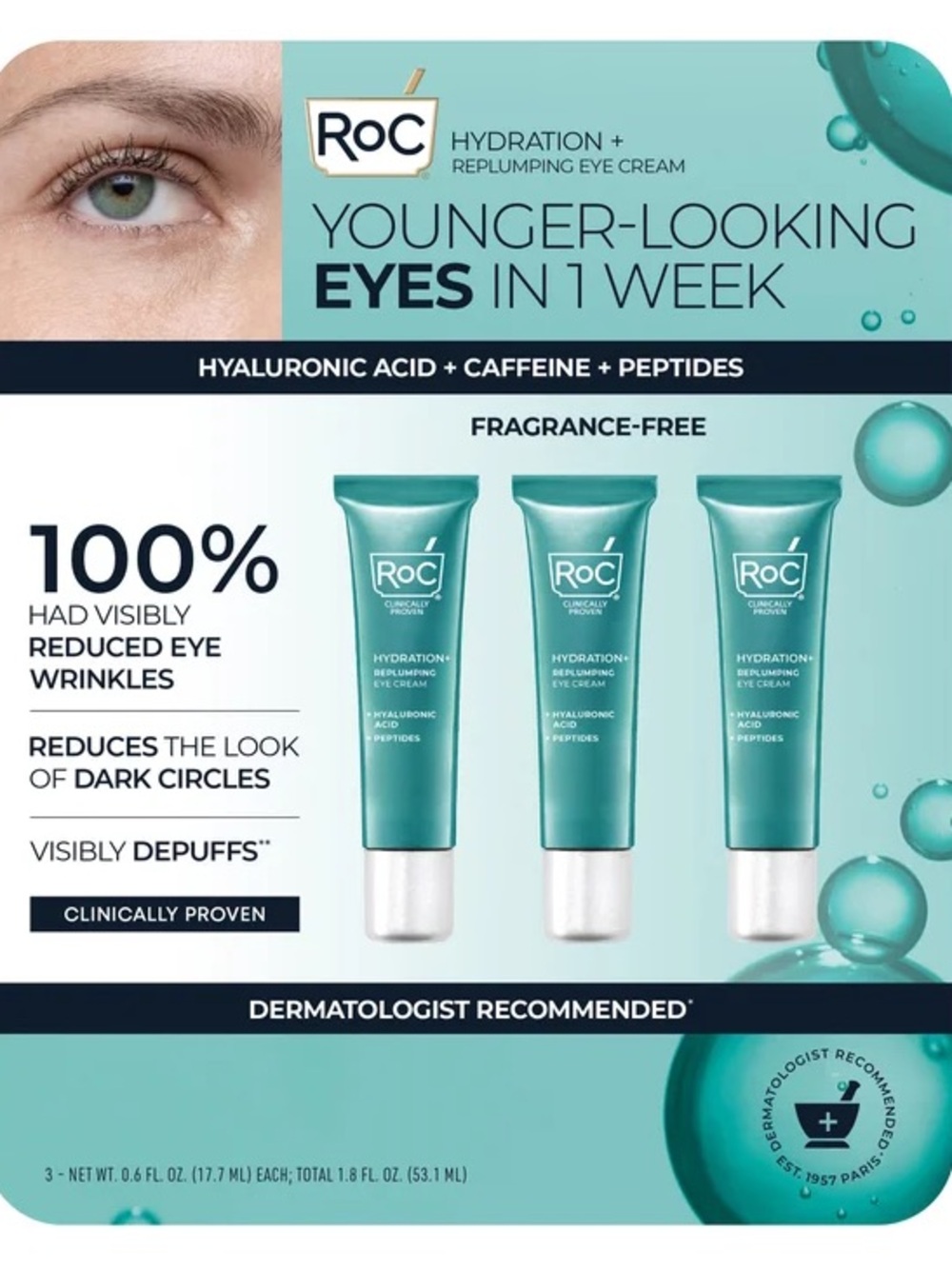 ROC Hydration+ Replumping Eye Cream, 0.6 fl oz, 3-pack, NWT